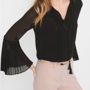 WHBM Sheer Black Blouse with Pleated Bell Sleeves